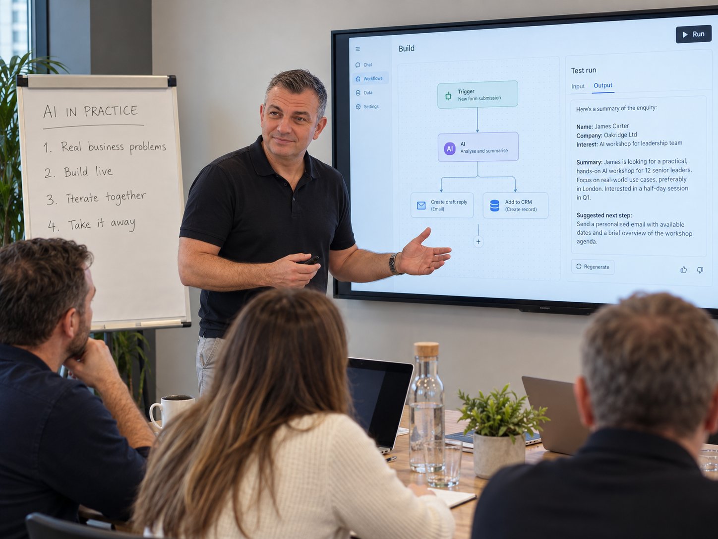 Stewart DeRoma presenting an AI workflow being built live during a Reach Growth workshop